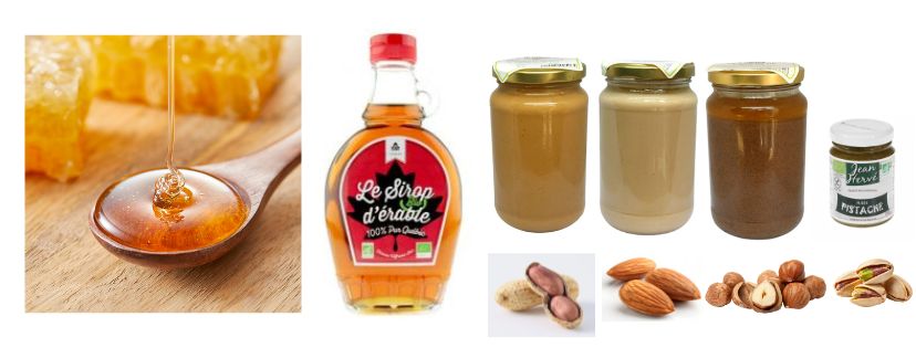 garnitures pour pancakes : miel, sirop d'érable, purées d'oléagineux