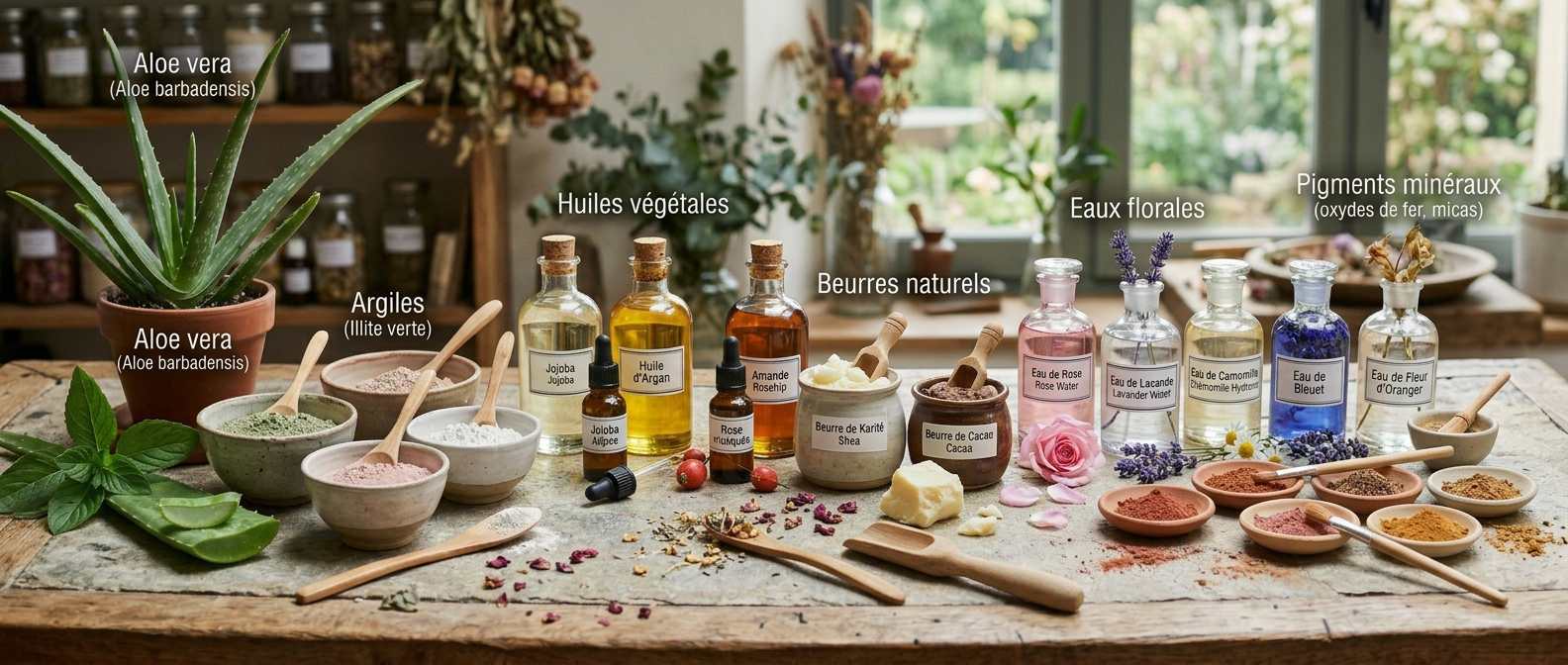 argiles, huiles, pigments, beurre de karité et aloe vera