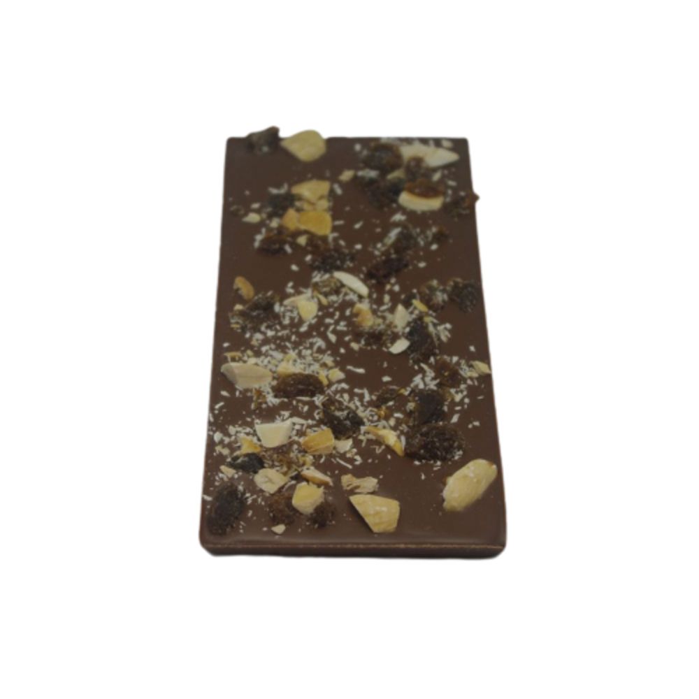 Tablette 100g chocolat lait raisins amandes coco BIO*. 59,50€/kg
