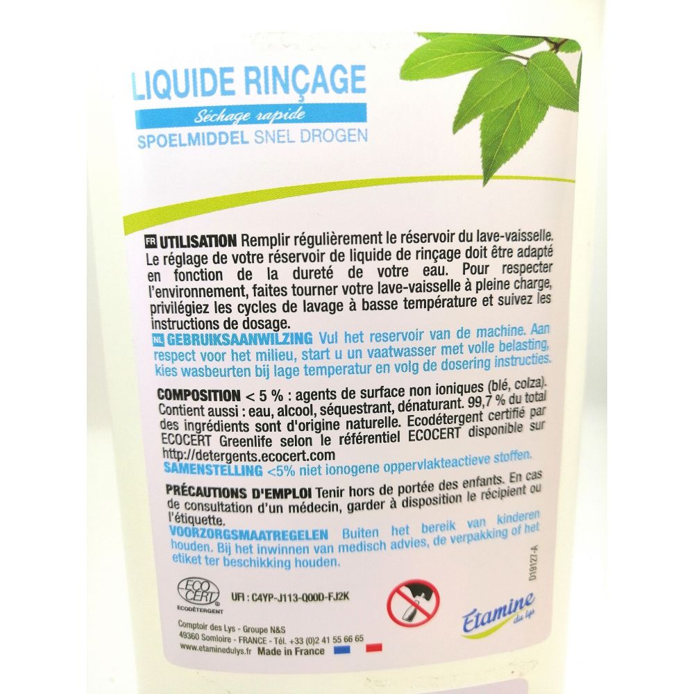 Liquide de rinçage pour lave vaisselle BIO recharge. 5,90€/kg