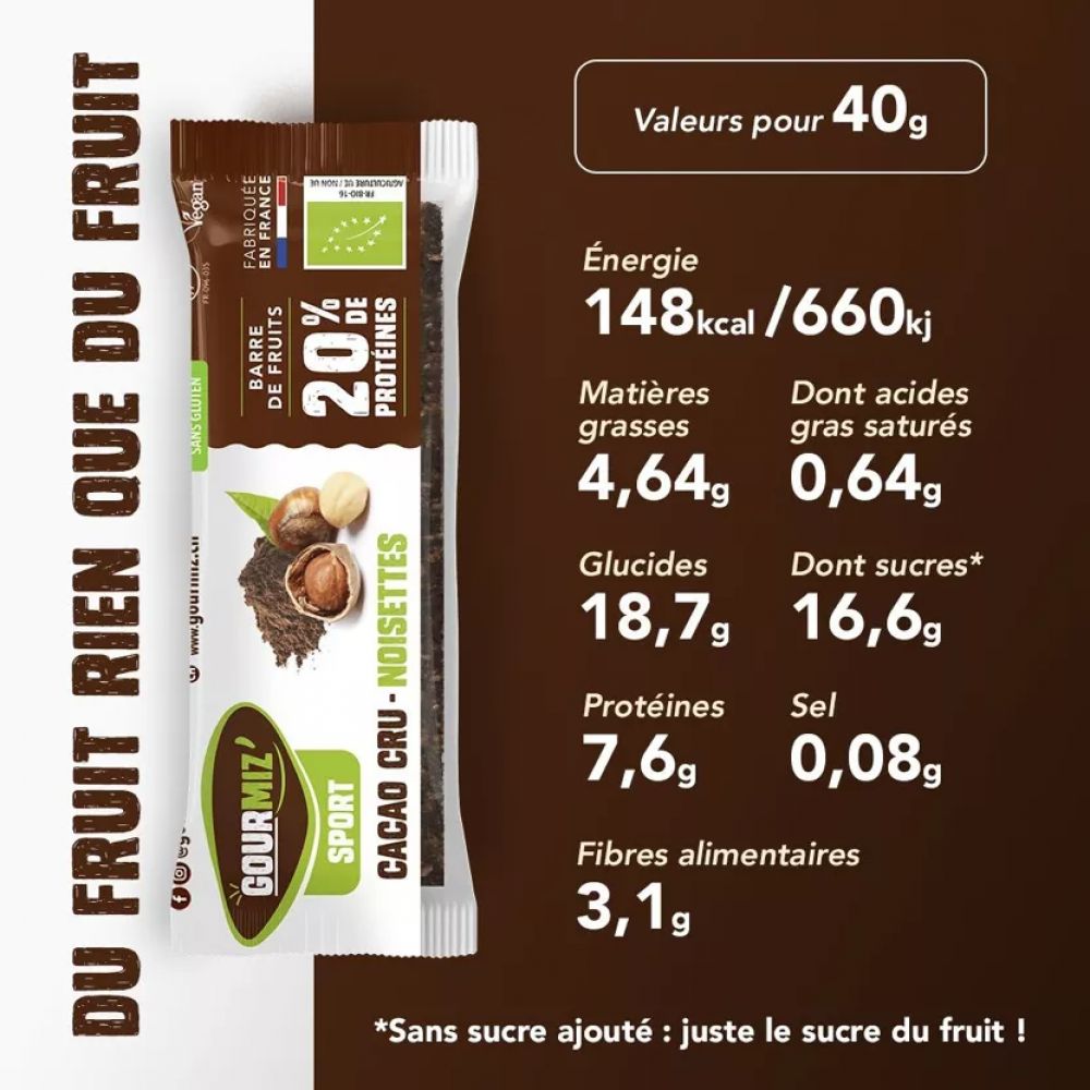 Barre protéinée fruits cacao cru noisette BIO