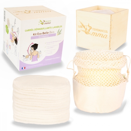 Kit démaquillage boite bois carrés coton bio biface 202g