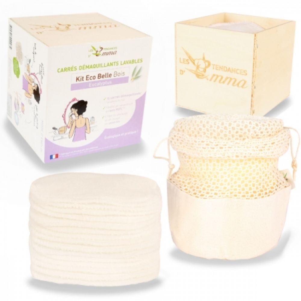 Kit démaquillage boite bois carrés coton bio biface 202g
