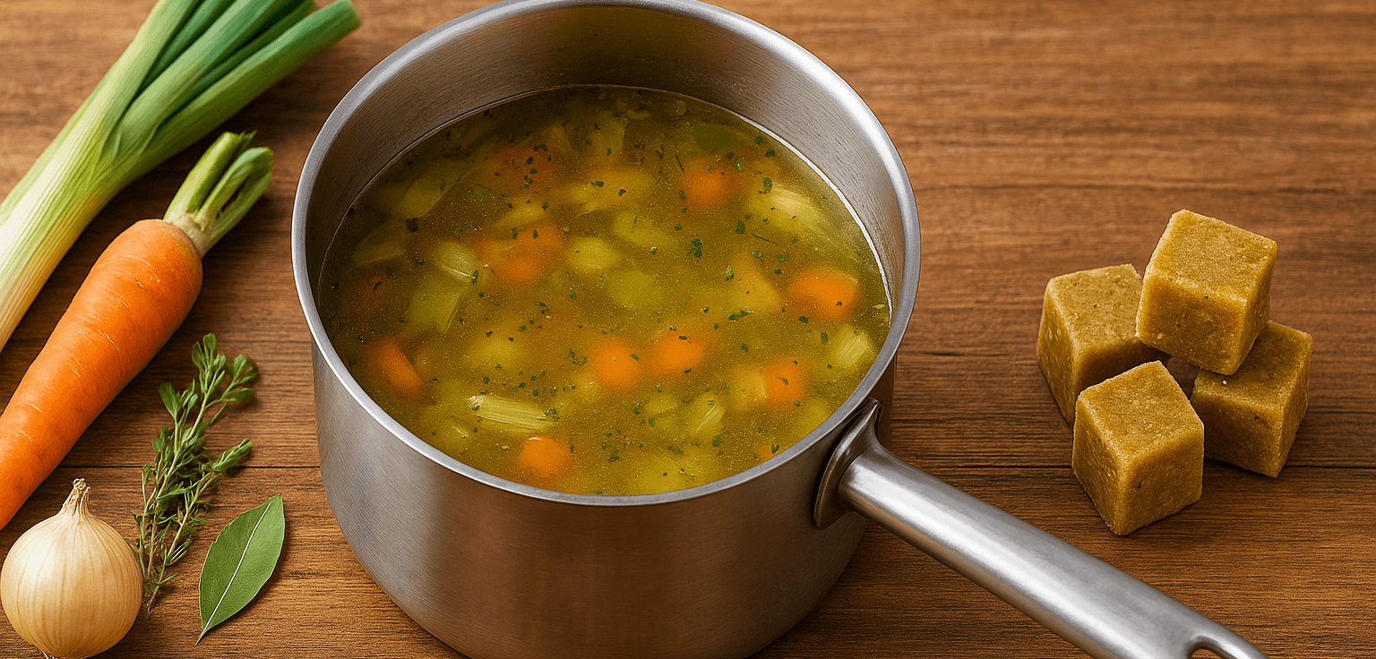 légumes frais cuits en bouillon puis congelés en cubes