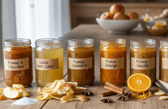 confitures au pommes &agrave; l'ancienne, en gel&eacute;e, pomme cannelle, pomme orange, pomme vanille
