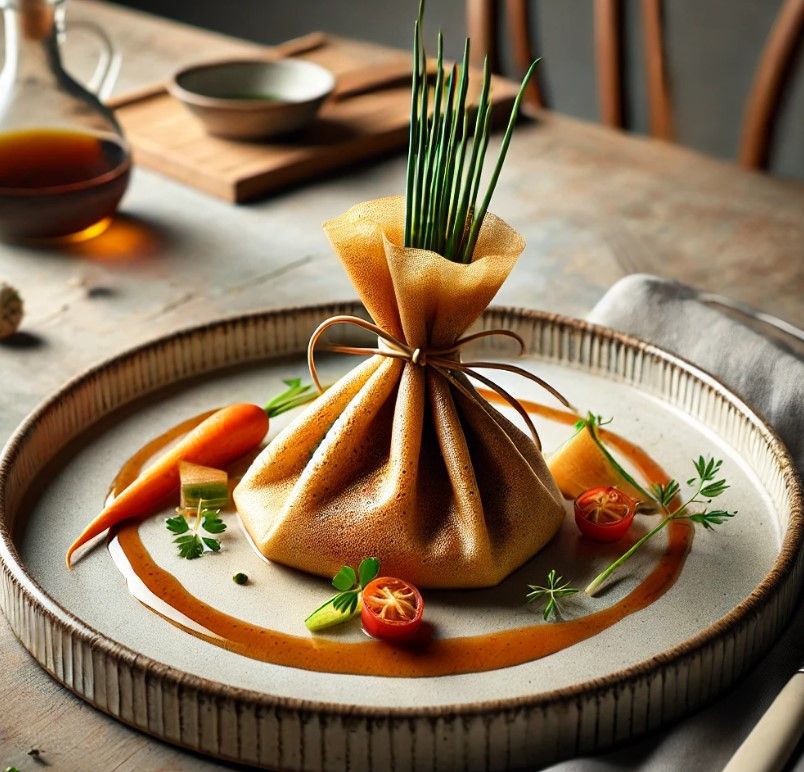 Aumonière :  une jolie façon de présenter une crêpe salée en plat gastronomique