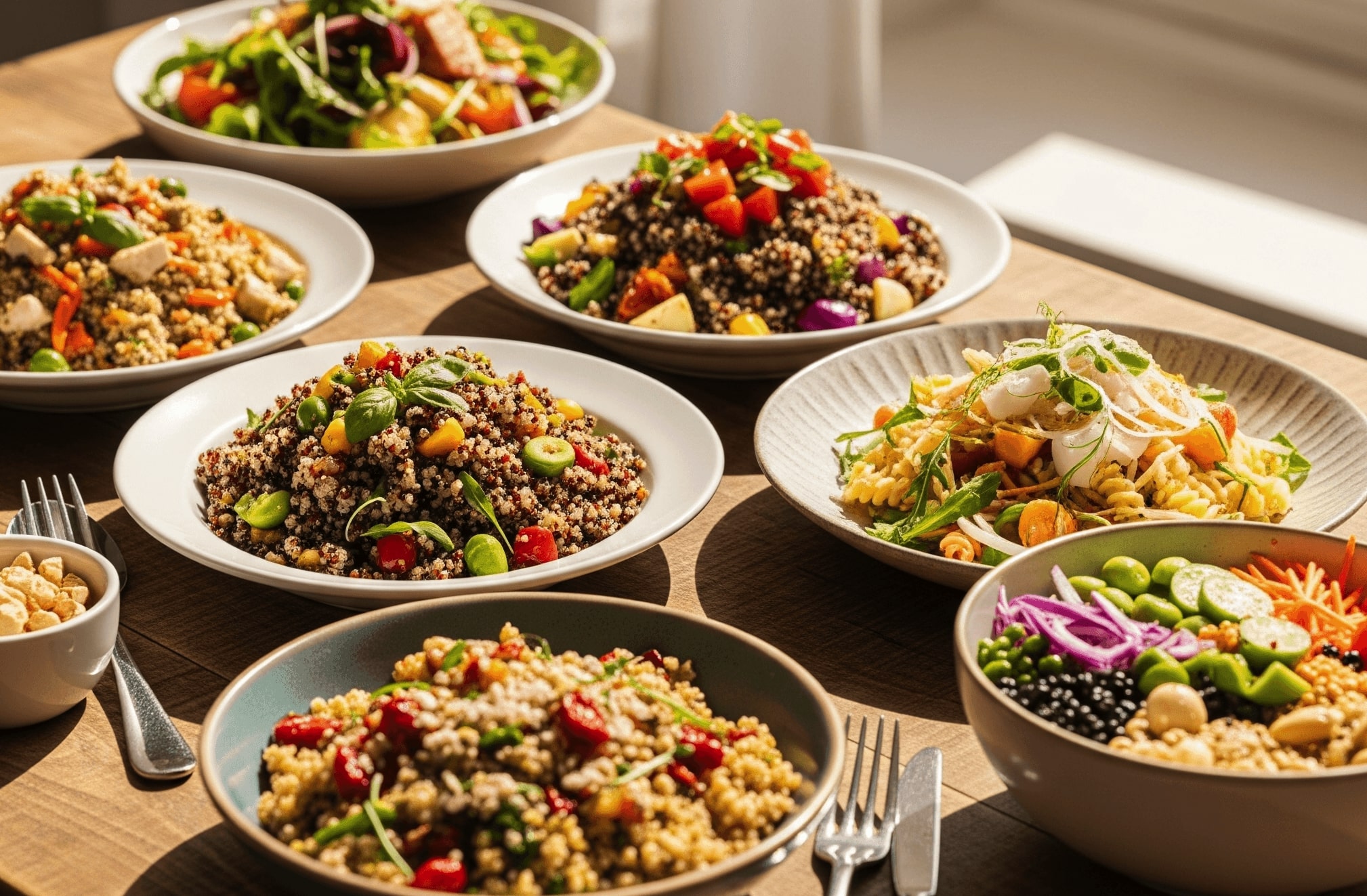 poke bowl, taboulé, salade de pâtes, riz, quinoa