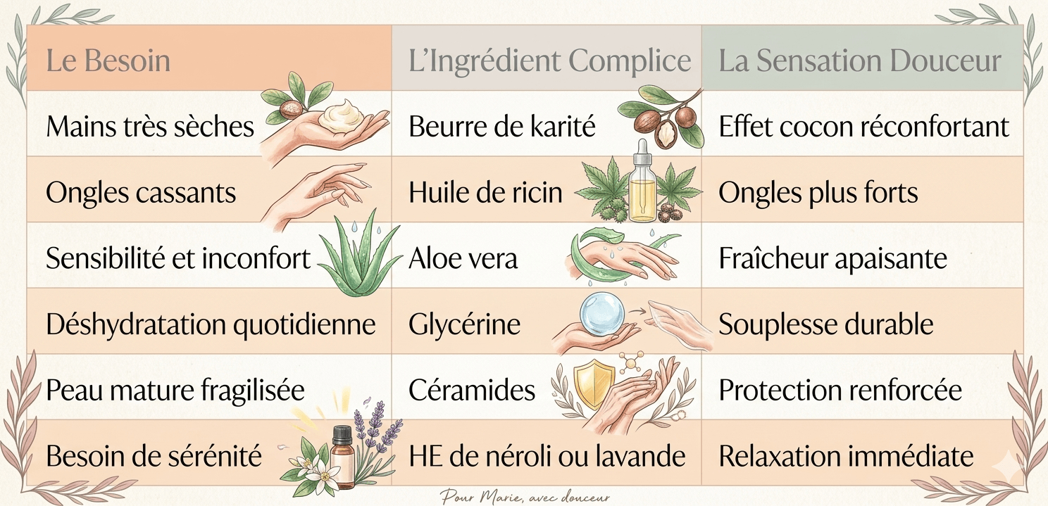 ingr&eacute;dients pour soins des mains