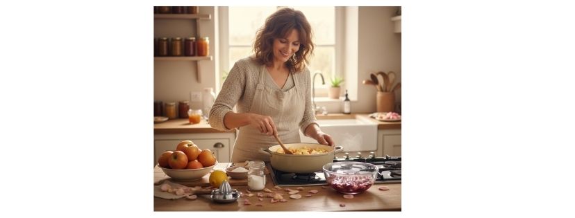 cuisson de la confiture de pommes aux p&eacute;tales de rose